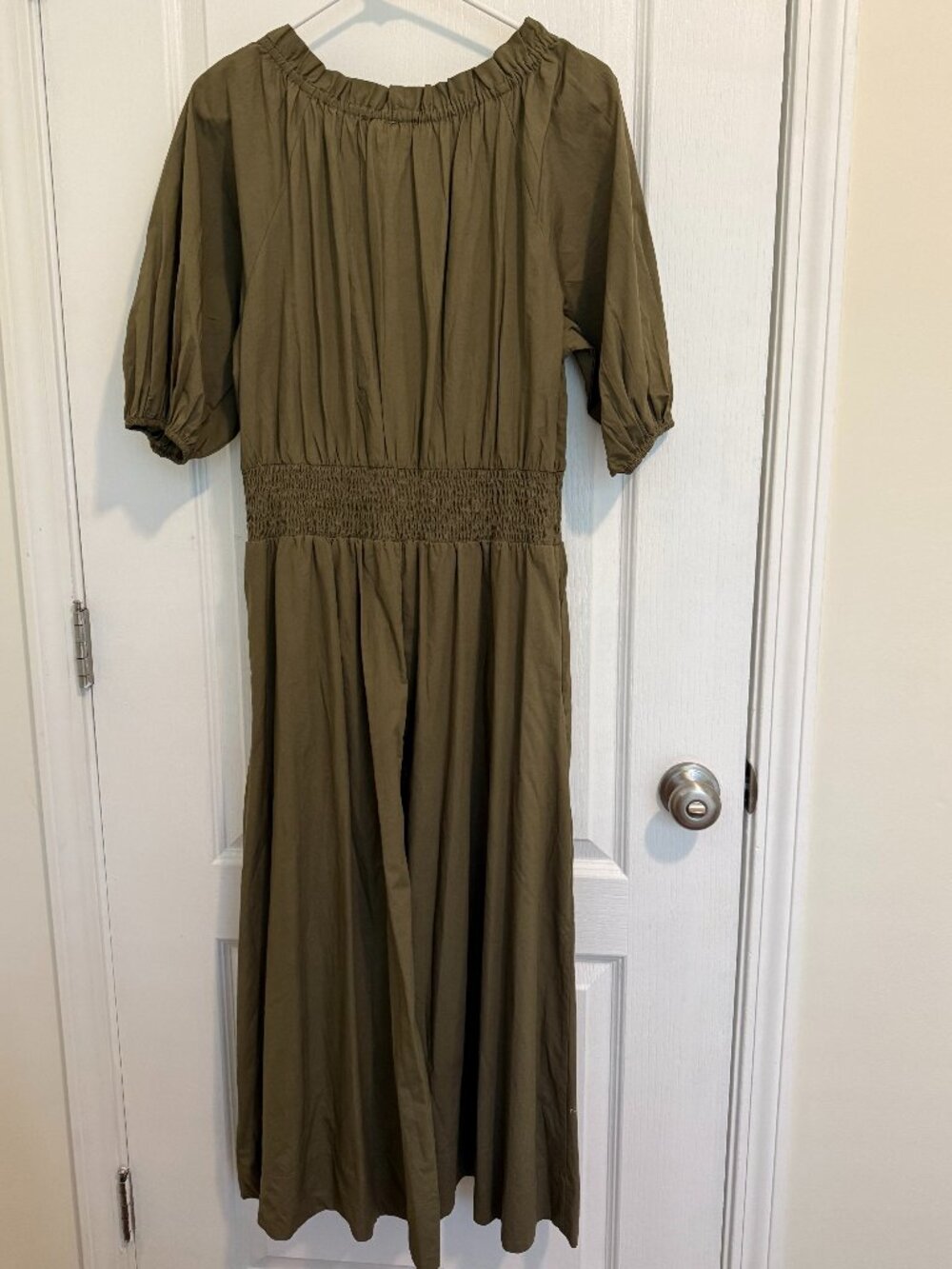 Ramy Brook Laura Dress L Olive Green Midi Puff Sleeve Smocked Waist NWT - Picture 3 of 8